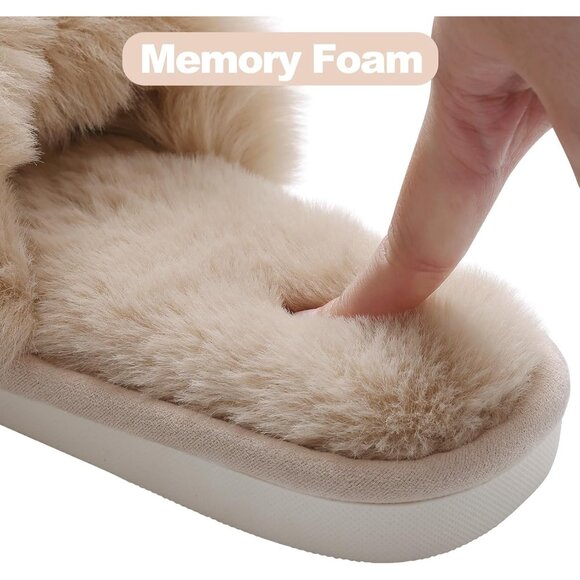 Women's Camel Fuzzy Slippers Cross Band Memory Foam Faux-fur Open Toe Shoes - Picture 5 of 6